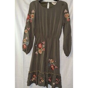 SAVANNA JANE Boho Embroidered Long Sleeve Green Dress Flutter Bottom Size S